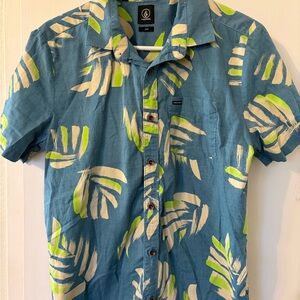 Volcom Teal and Lime Leaf Print Men's Shirt